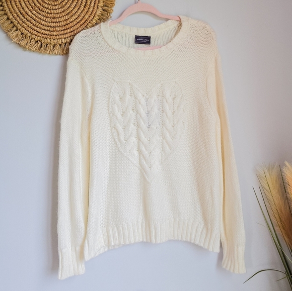 Wooden Ships, New, Ivory Heart Cable Knit Mohair Crew Neck Sweater SZ Medium - Picture 2 of 10